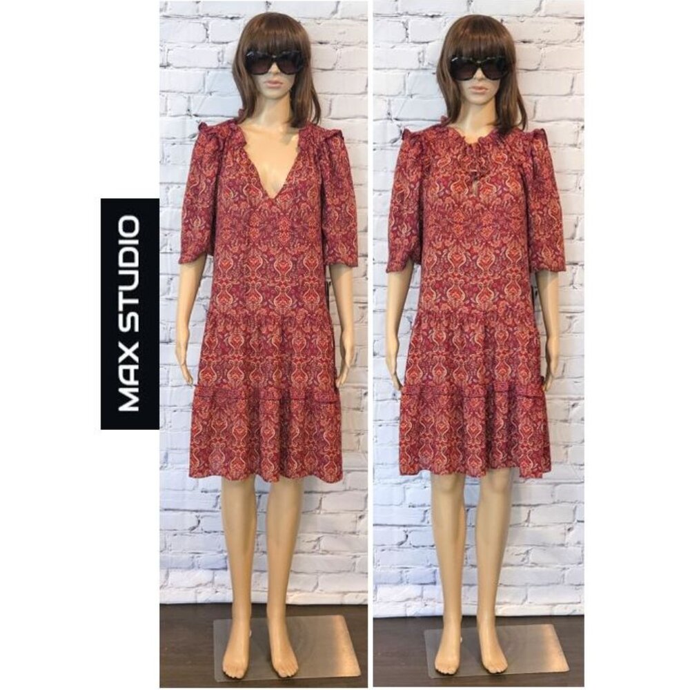 NWT!!! MAX STUDIO, Boho burgundy long sleeve floral pattern dress, size: large - Picture 4 of 15